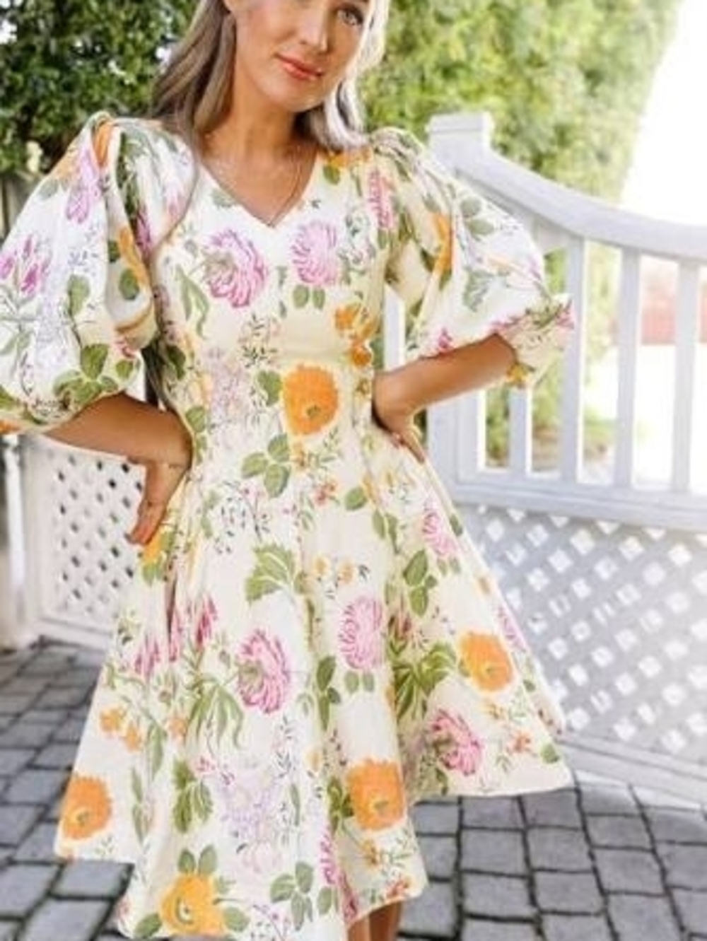 Ivy City Co Cream Floral Puff-Sleeve Fit & Flare Midi Dress